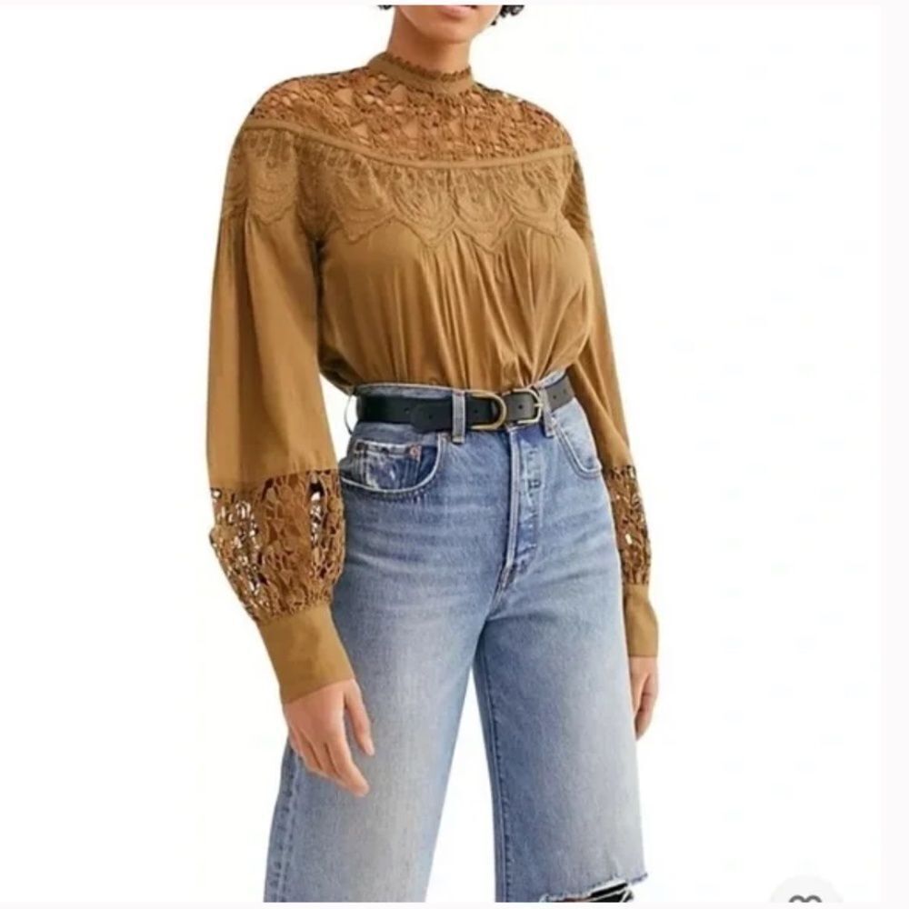 Free People Better For You Crochet Embroidered Victorian Blouse Top Long Sleeve